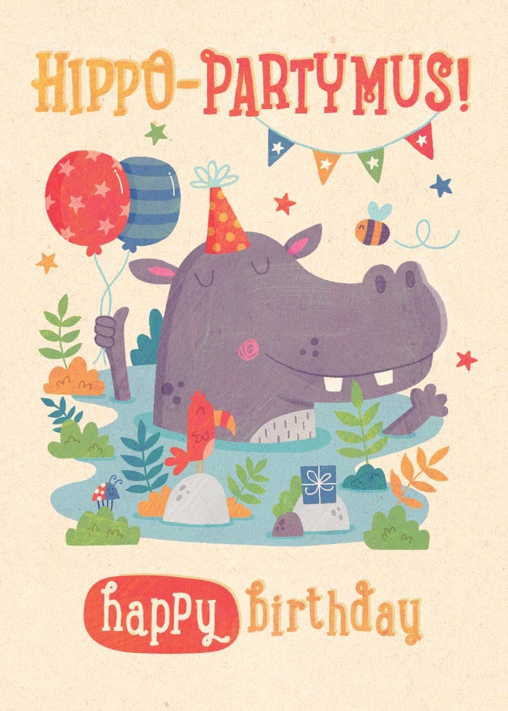 Hippo party-mus - tarjeta de cumpleaños