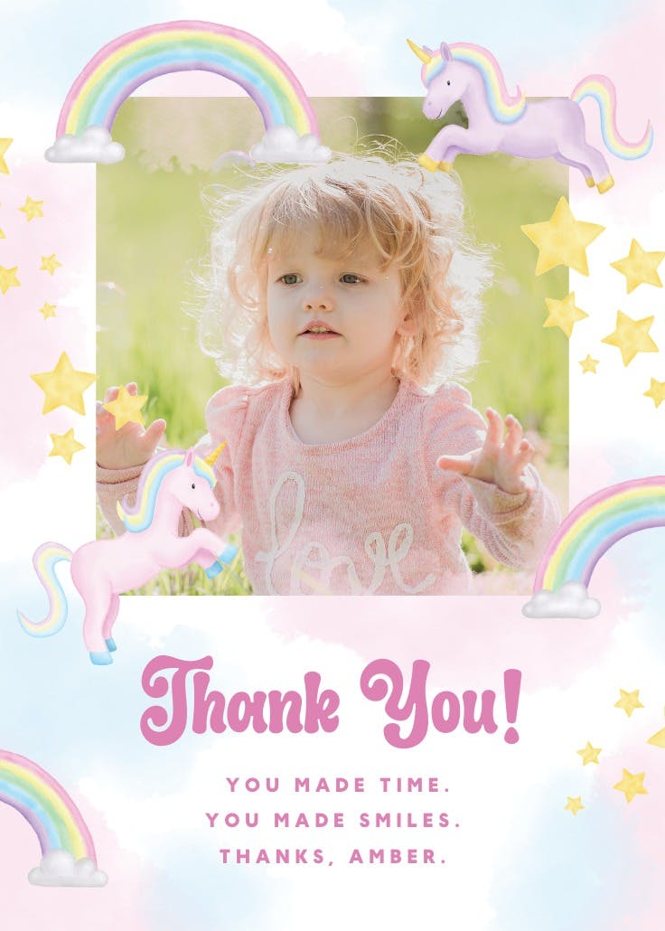 Unicorn and rainbow party - thank you card