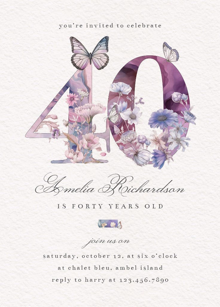 Fluttery florals 40 - birthday invitation