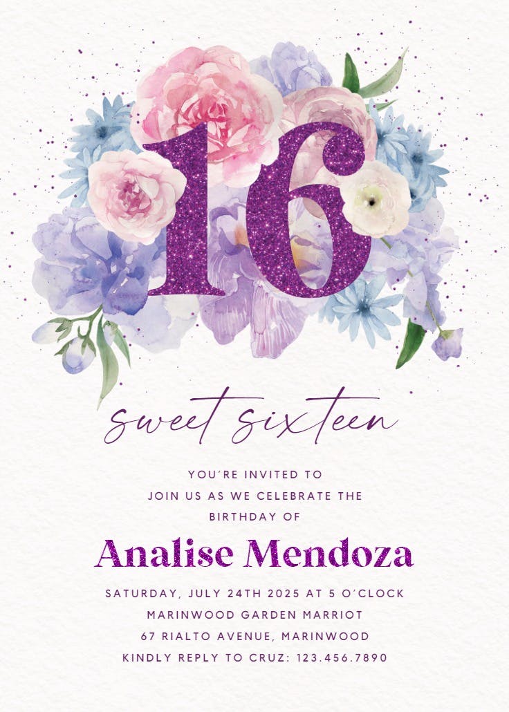 Glitter & bloom - sweet 16 invitation