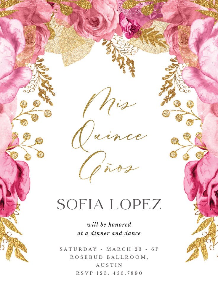 Pink and gold roses - quinceañera invitation