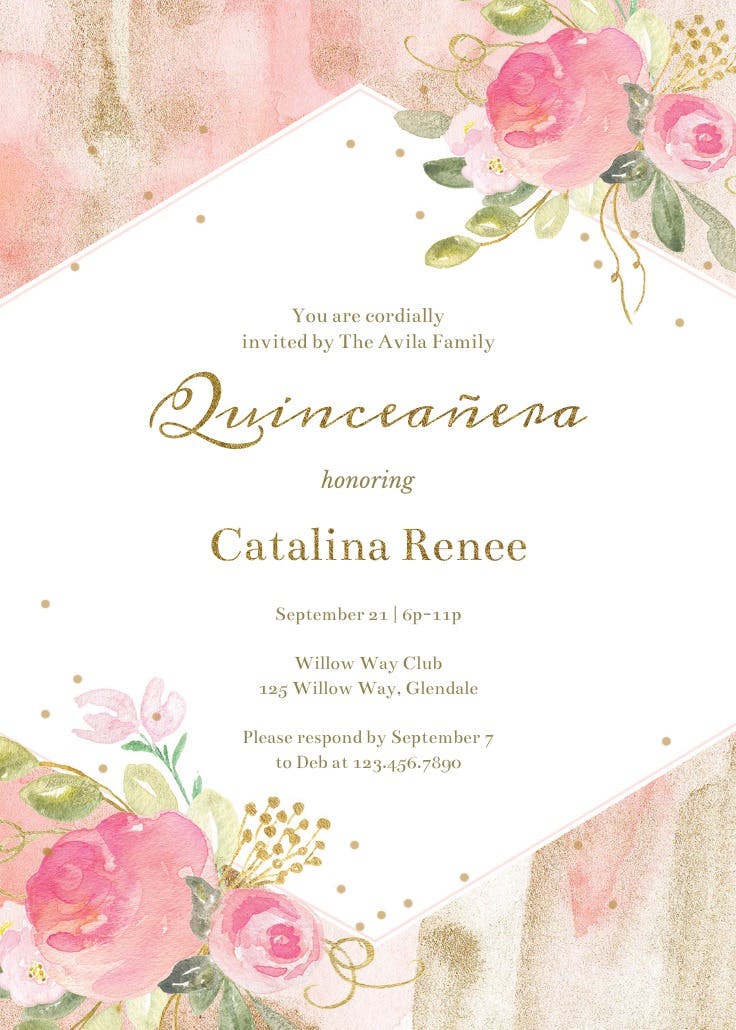 Watercolor pink and gold frame - quinceañera invitation