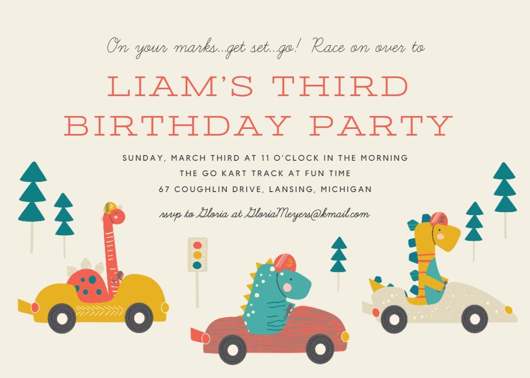 Dino race cars - invitación de fiesta