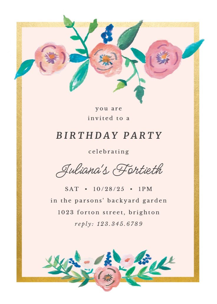 Flower on gold - invitación de cumpleaños