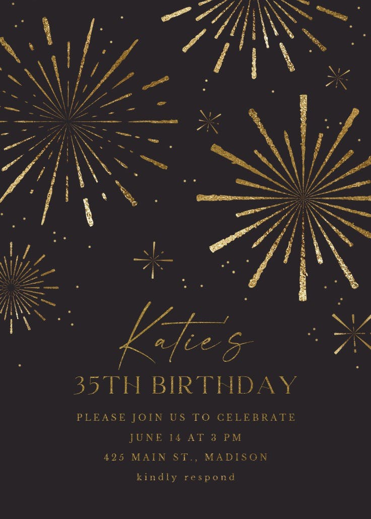 Golden fireworks - invitación de cumpleaños
