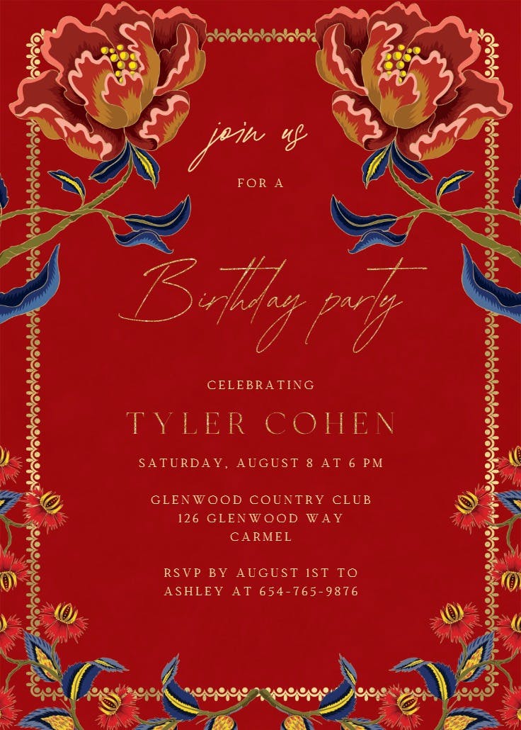 Indian flowers & frame - birthday invitation