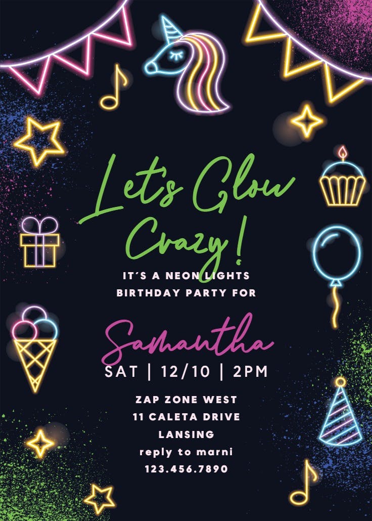 Neon glow party - birthday invitation