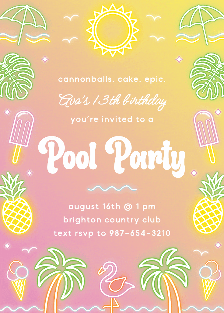 Neon pool lights - invitación de fiesta