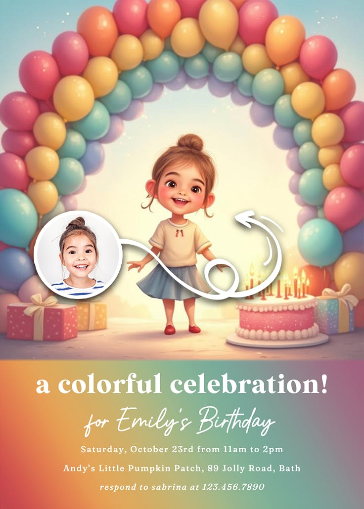 Rainbow balloon arch - birthday invitation