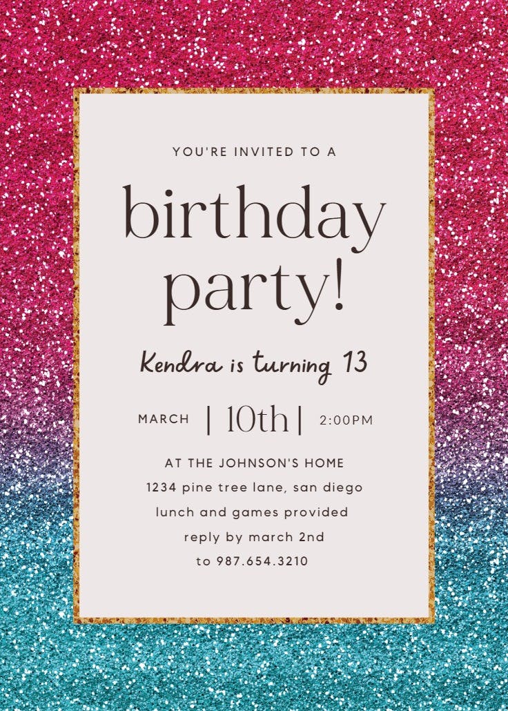 Rainbow glitter - invitación de cumpleaños