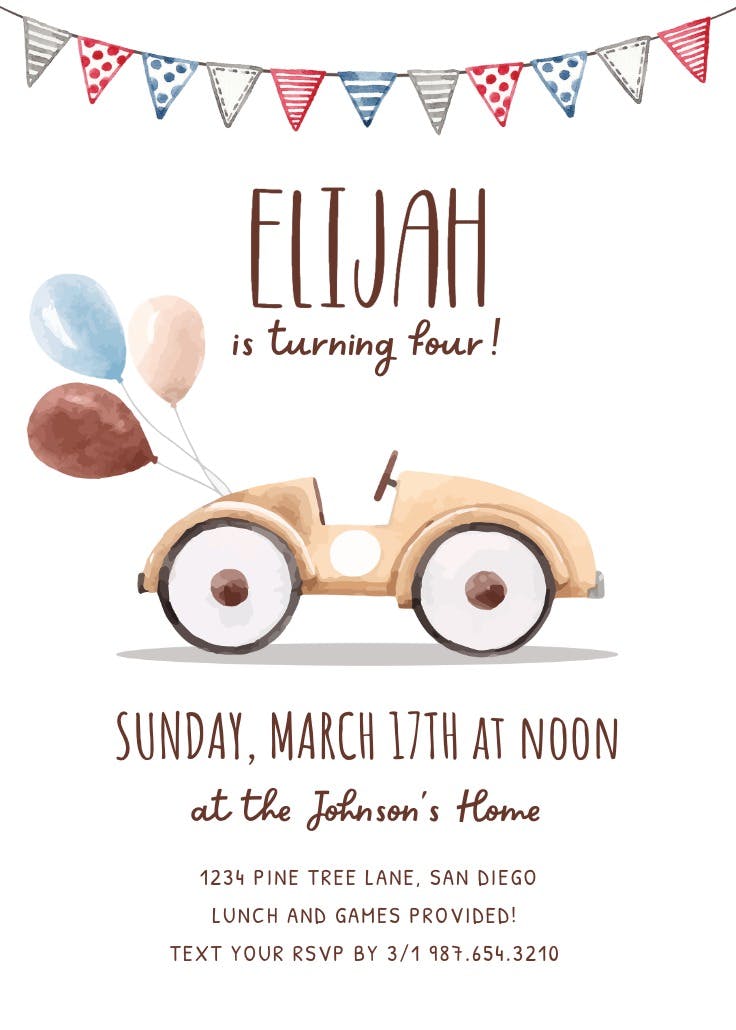 Watercolor car - invitación de fiesta