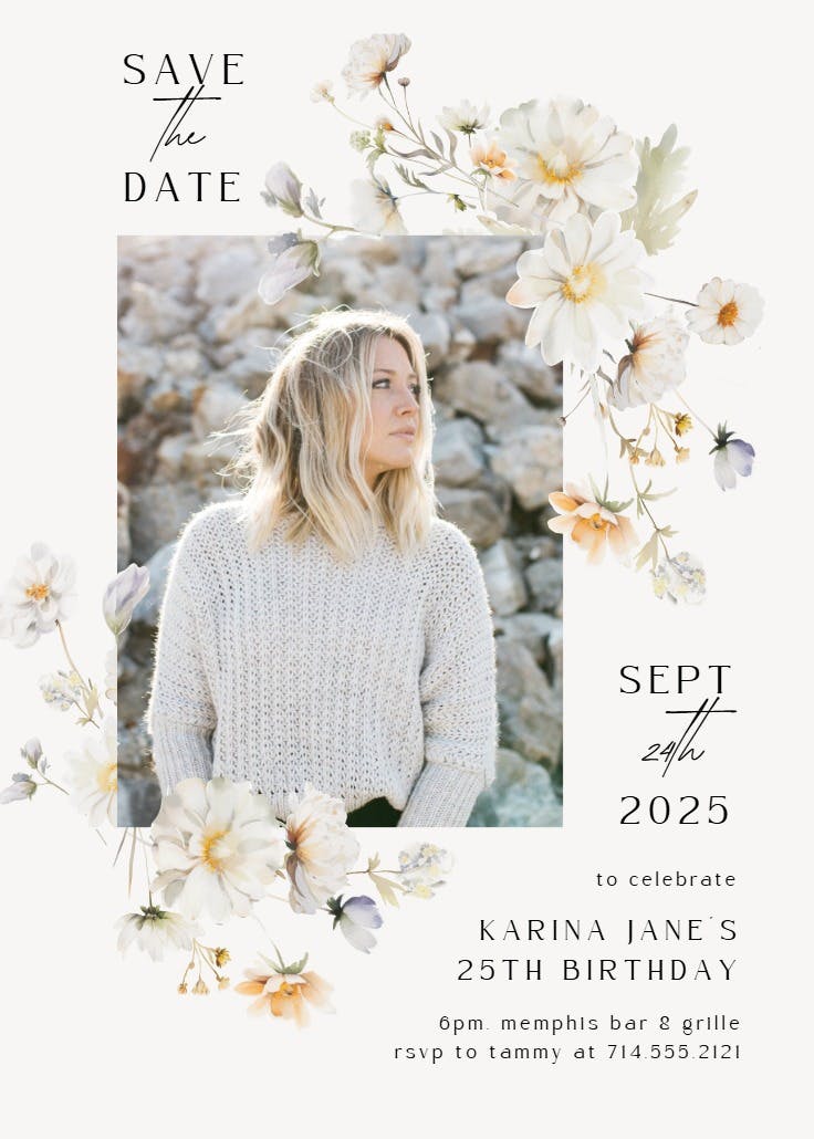 White wildflowers - birthday invitation