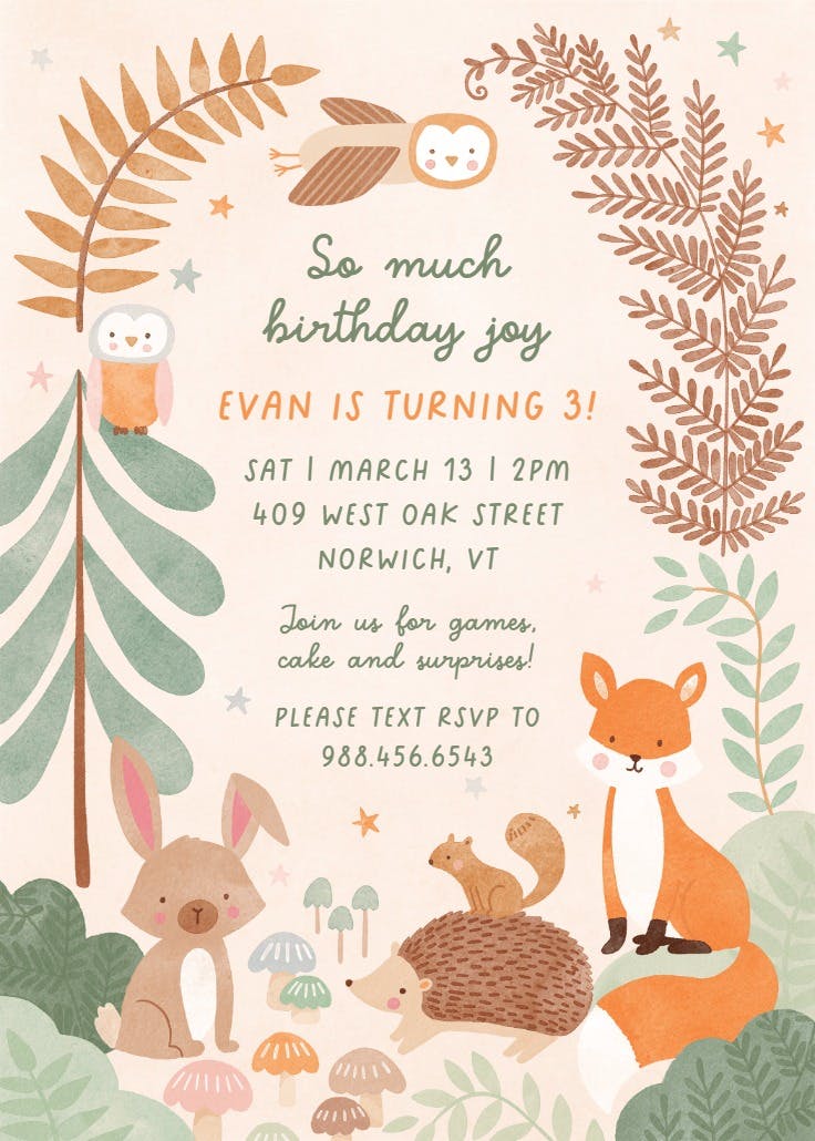 Woodland animals - invitación de fiesta