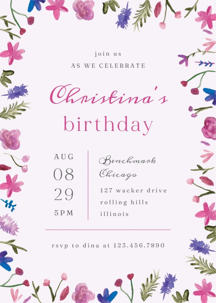 Watercolor flowers - birthday invitation