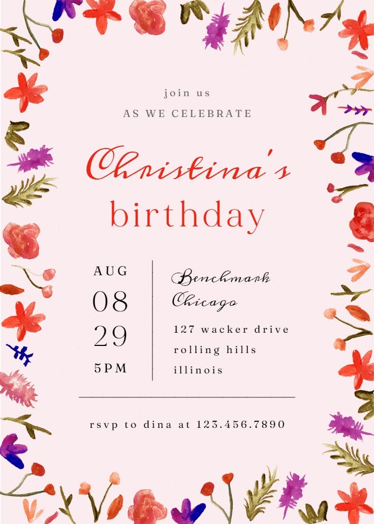 Watercolor flowers - invitación de fiesta