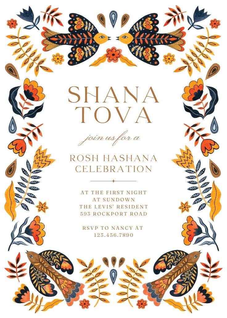 Birds and flowers - invitación para rosh hashanah