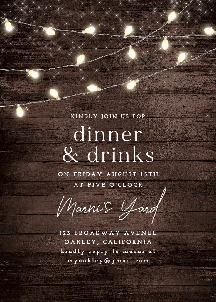 Wood and string lights - invitación de fiesta