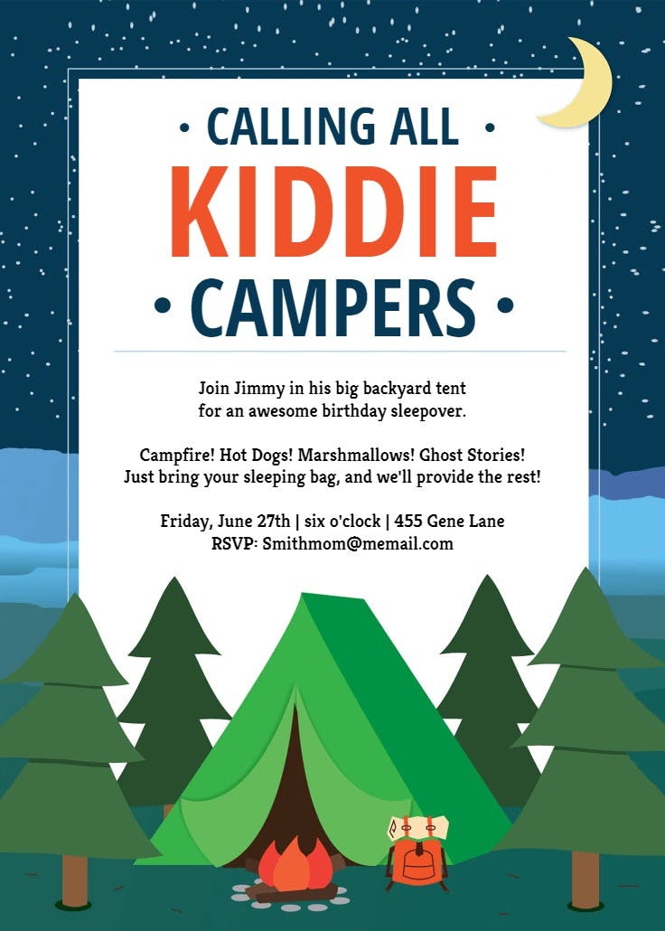 Kiddie camping - invitación para pijamadas