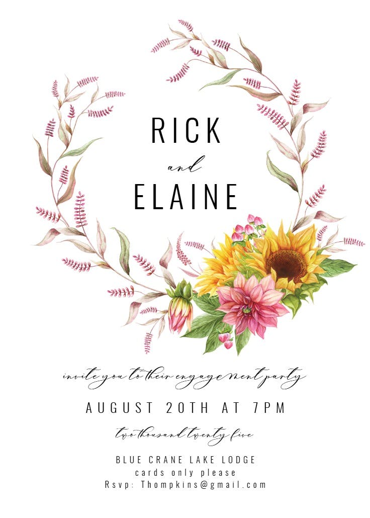 Sunflowers and dahlias -  invitación para fiesta de compromiso