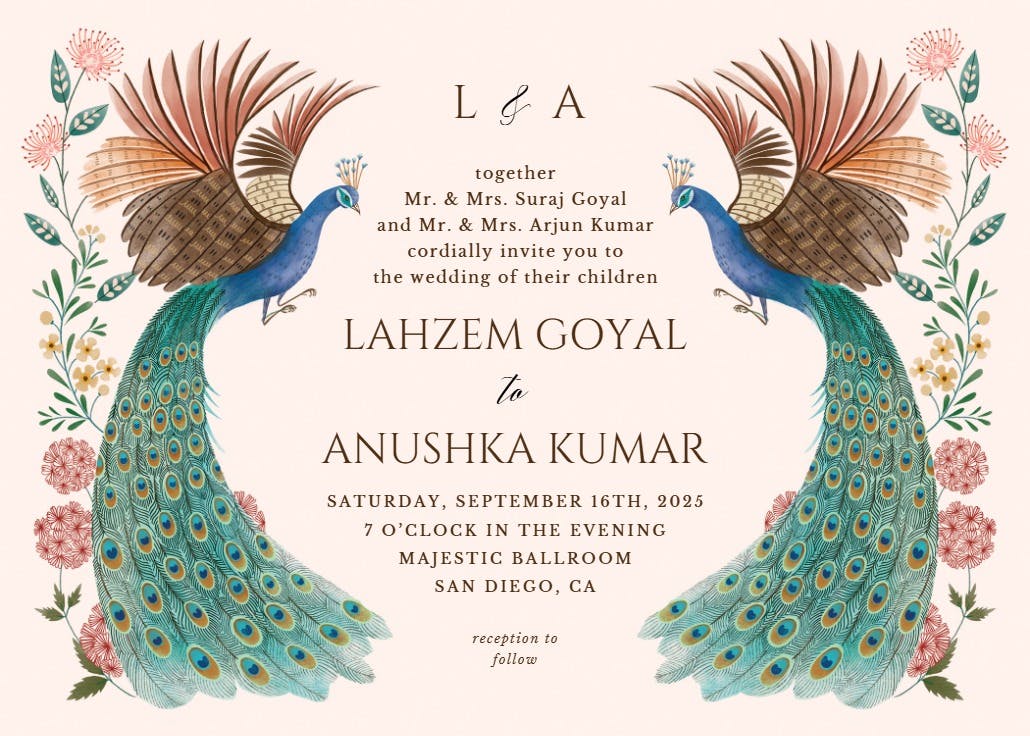Peacocks & flowers - invitación de boda