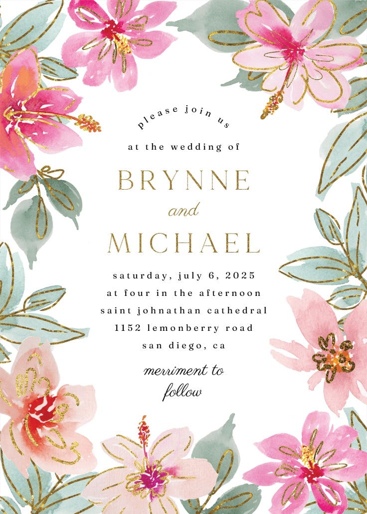 Tropical glitter flowers - invitación de boda
